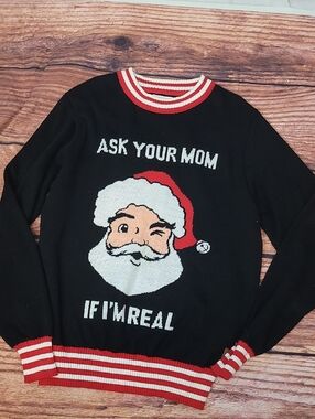 Tipsy Elves Black Crewneck Holiday Santa Sweater with Red Trim